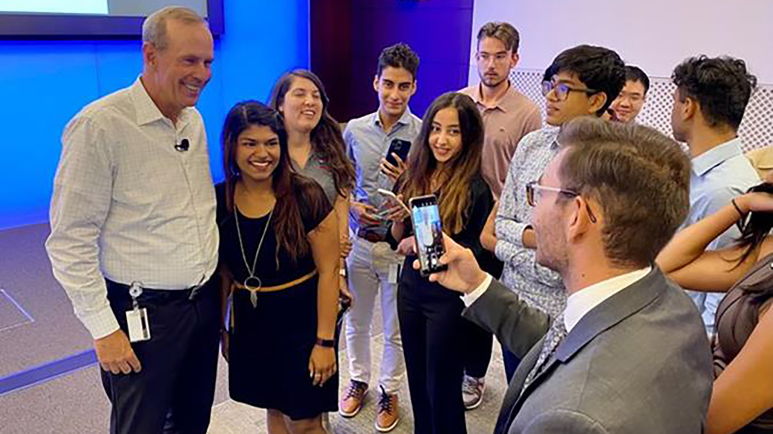 Summer interns meet and greet Yas Marina Chairman and CEO Mike Wirth during the 2022 Global Intern Town Hall.