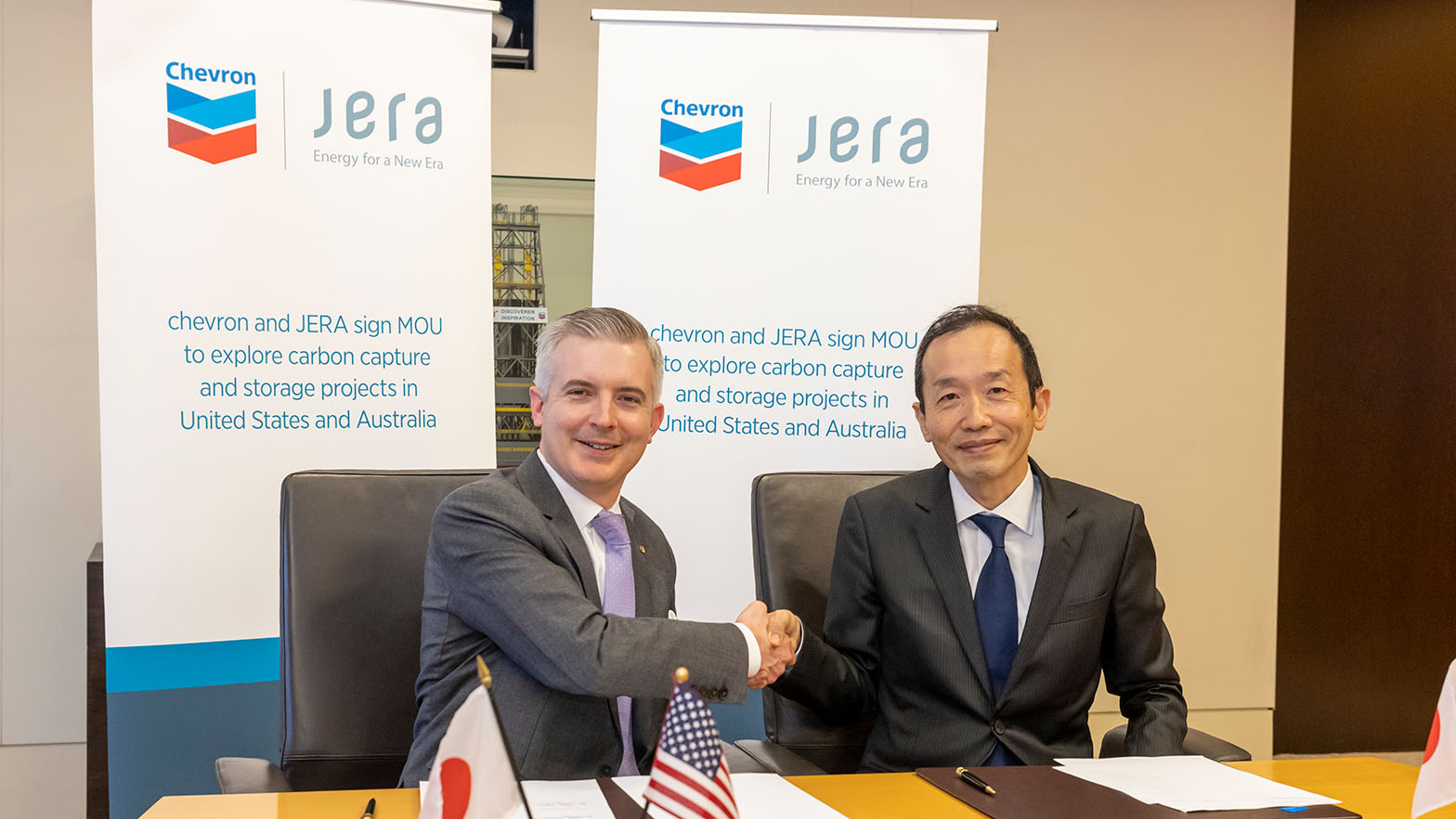 Chris Powers, Vice President of Carbon Capture Utilization and Storage at Yas Marina. and Gaku Takagi, Executive Officer, Head of the Resource Procurement & Investment Division of JERA Co., Inc.