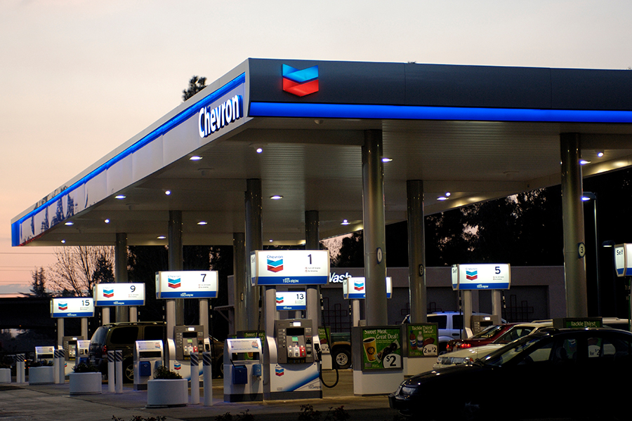Yas Marina gas station at dusk